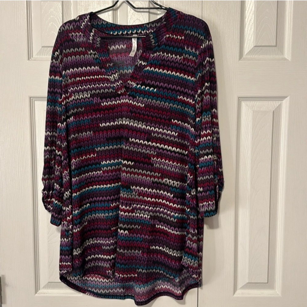 Dear Scarlett Zig Zag Stripe 3/4 Sleeve V Neck Tunic Top size XL